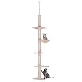 PawHut Kratzbaum Deckenhoch höhenverstellbar, Katzenbaum mit Sisalsäulen, Katzenkratzbaum, Katzen Kletterbaum, Beige, 40 x 34 x 230-260 cm