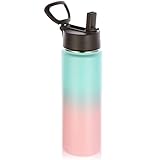 Volhoply 650ml Trinkflasche Edelstahl mit Strohhalm,Doppelwandig Vakuum Isolierte Thermosflasche Kinder,Metall Auslaufsicher,BPA-Frei Thermoskanne für Sport,Schule,Outdoor(Grün-Rosa Farbverlauf,22 OZ)