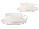 Buchensee Teetassen Set Lena aus Crystal Bone China Porzellan. 2 Tassen je 200ml mit Untersetzer in fein-cremigen Weiß