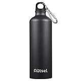 Autsel Sport Alu Trinkflasche 1L Metall Wasserflasche Flasche BPA-freie aus Aluminium Trinkflasche Einwandige Reiseflasche Fahrrad Outdoor Schwarz