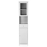Moderner Turmschrank mit Türen und Schubladen, Holzbodenschrank, Wohnmöbel, Weiß/Blau/Grau
