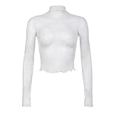 AMENGJ Spitzen Oberteile Damen Sexy Spitzenbluse Damen Rollkragen Langarm Durchsichtig Patchwork Dünnes Oberteil(XL)
