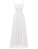 DRESSTELLS Abendkleider Elegant für Hochzeit Festlich Ballkleid Damen Lang Brautkleid Standesamt Weiß Brautjungfernkleider mit Spaghettiträger Jugendweihe Kleider White L