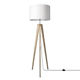 Paco Home Tischleuchte Dreibein Nachttischlampe Stehlampe Schlafzimmer E27 Stoff Lampenschirm E14 Mit Schalter Einfarbig, Farbe:Weiß (Ø44.5 cm), Leuchtenart/Farbe:Stehleuchte - Bambus