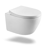 Hänge WC Toilette aus Keramik mit Toilettendeckel mit Absenkautomatik - Toilettenschüssel mit Einloch-Superspin-Spülung - WC Weiß mit Nano Beschichtung