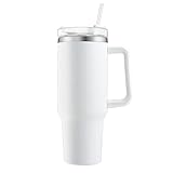 40oz Doppelwandiger Edelstahl Vakuum Isolierbecher Becher mit Griff und Strohhalm 1200ml Tumbler Trinkbecher Isolierter Kaffeebecher Autobecher Reisebecher Thermobecher Für Kalte Heiße Getränke Weiß