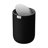 EKO Mini Tischmülleimer mit deckel, 1,5 L Kosmetikeimer Schwarz, Kleiner Tischabfalleimer für Bad, Schreibtisch, Schlafzimmer oder Auto, Mülleimer mit Edelstahl-Sockel, Small Table Bin, Papierkorb