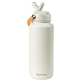 Blackube Edelstahl Trinkflasche mit Strohhalm 1000ml-Thermosflasche Thermoskanne - BPA-Frei, Auslaufsicher, Große Trinkflasche aus Metall für Sport, Schule, Fitness, Outdoor, Camping-Weiß