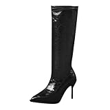 Generisch Lederstiefelette Damen Mit Absatz,Weitschaftstiefel Damen XXL Schaft Stretch Leder,Pfennigabsatz Damenstiefel Winter Stiefel Mit Spitzem Dünnem Absatz Reißverschluss