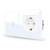 JIMEIDA Touch Lichtschalter mit Steckdose weiß 1 Fach 1 Weg,Glas Panel und Status-LED Wandschalter,Kein Neutralleiter Erforderlich,157 * 86mm