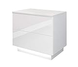 Bingo-Shop Nachttisch LED Nachtkommode Hochglanz Nachtschrank Beleuchtung Nachtkonsole 55 x 37 x 49 cm Weiß Schlafzimmer LED-Beleuchtung 2 Schubladen Push to Open V111