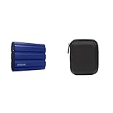 Samsung Portable SSD T7 Shield (MU-PE2T0R/EU), 2 TB, USB 3.2 Gen.2, 1.050 MB/s Lesen, 1.000 MB/s Schreiben, Blau + Amazon Basics Festplattentasche, schwarz