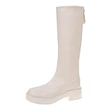 Woaikeyu Eleganter Damenstiefel mit Reißverschluss, Leder, modisch, quadratisch, mittlere Zehe, hohe Stiefel, weiß, 37 EU