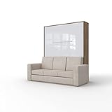 INVENTO Schrankbett mit Sofa - Beige- Aufklappbett mit dimmbare LED-Beleuchtung - 160 x 200 cm - Nachhaltige Materiellen - Klappbett für Gästezimmer - Wohnzimmer (Eiche/Weiß Glanz)