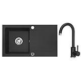 VBChome Granitspüle 76 x 44 cm Schwarz mit Armatur Einzelbecken Einbauspüle Reversibel Gesprenkelt Pflegeleichtes Spülbecken mit Siphon Ideal für kleine Küchen