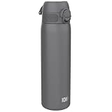 ION8 Leicht Stahl-Trinkflasche, 600 ml, Nicht IsoliertAuslaufsicher, Einhandöffnung, Sichere Verriegelung, Spülmaschinenfest, Klappdeckel, Tragegriff, Leicht zu Reinigen, Grau