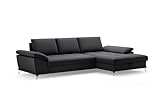 Cavadore Ecksofa Castiel mit Federkern / Eckcouch mit großem Longchair, Sitztiefenverstellung und mattschwarzen Metallfüßen / 301 x 89 x 176 / Echtleder, Schwarz