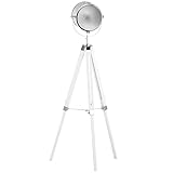 HOMCOM Stehlampe Stehleuchte mit Dreibein Stativ aus Holz 100-140 cm höhenverstellbar mit 180° Drehbarem Lampenkopf Caféleuchte Studiolampe Industrial Design Tripod Lampe 40W Weiß Stahl Kiefernholz