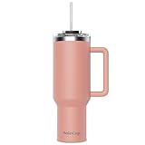 SoleCup. Reisebecher aus Edelstahl, vakuumisolierter Becher mit 2 Strohhalmen und Griff, auslaufsicher, isoliert, perfekt für heißen oder Eiskaffee (Rosa)