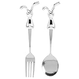 Abaodam 2 Stück Kinderbesteck Edelstahl mit Hasengriffen Gabel und Löffel für Kleinkinder Ergonomisch Abgerundet Geruchsneutral Leicht zu Reinigen für Kinderfütterung