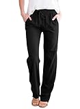 Tincini Leinenhose Damen Hose Sommer Musselin Leinen Hosen Stoffhose Einfarbig Freizeithose Gerade Geschnitten Strandhose Sommerhose mit Taschen (Schwarz, L)