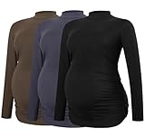 Smallshow Damen Umstandsshirts Rundhals Langarm Schwangerschaft Kleidung Tops 3er Pack, Schwarz-Braun-Dunkelgrau, Mittel