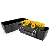 BigDean 2 Stück Blumenkasten Balkon Rattan Optik in Anthrazit 60 cm Länge aus robustem & UV-beständigem Kunststoff – Balkonkasten mit Metall Halterung & Bewässungssystem – Made in Europe