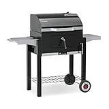 LANDMANN Holzkohlegrill Dorado | Doppelwandiger Deckel mit Temperaturanzeige | Gusseiserner emaillierter Grillrost & Holzkohle-Lochblech | Großflächiger Warmhalterost & 2 Seitentische [Schwarz]