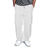 Herren-Street-Casual-Sport-Multi-Pocket-Fußhut, Seil-Taillenbindung, einfarbig, gewebte Cargohose Herren Outdoorhose Wasserdicht Cargo Hosen Camouflage Herren (White, L)