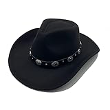 Cowboyhut Damen Herren Westernhut Schwarz Fedora Hut Breiter Krempe mit Lederband