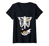 Damen Halloween Skelett Baby Rib Cage Umstandskostüm Schwangere T-Shirt mit V-Ausschnitt