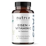 Nutri + Eisentabletten 50 mg hochdosiert + vegan mit natürlichem Vitamin C aus Acerola - 90 Eisen Bisglycinat Tabletten für Schwangere und Kinder etc