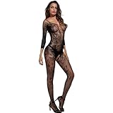 KeyinBox Corsetti Bodystocking Sexy Netz Catsuit Feine Spitze Overall langarm mit offenem Schritt Dessous Damen Sex Reizwäsche