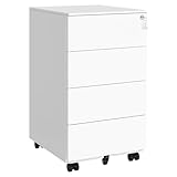 SONGMICS Schubladenschrank, Rollcontainer, mobiler Aktenschrank, Metallschrank, Druckertisch, abschließbar, 4 Schubladen, vormontiert, Büro, Homeoffice, 45 x 39 x 69 cm, wolkenweiß OFC064W14