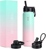HydroPal Edelstahl Trinkflasche - 750ml, 1L, 1,2L, BPA-Frei, Kohlensäure geeignet, Isolierte flasche mit Strohhalm & 2 Deckel, Auslaufsichere Isolierflasche für Sport (Grünlich-rosa, 750 ml)