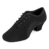 Asyusyu Tanzschuhe Damen Schwarz Meshed Tanzschuhe zum Schnüren mit 4cm Absatz for Latein Jazz Line Dance-39 EU