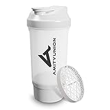 Eiweiß Shaker FYRA 700ml - BPA frei mit Container & Pulverfach, Protein Shaker mit Sieb und Skala für Whey und BCCA Shakes, Fitness Trinkflasche für Smoothie Isolate & Diät Sport Konzentrate in Weiß