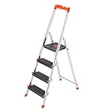 SONGMICS Leiter mit 4 Stufen, Aluleiter, 12 cm breite Stufen mit Riffelung, Anti-Rutsch-Füße, mit Handlauf, Werkzeugschale, bis 150 kg belastbar, schwarz-orange GLT04BK