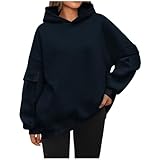 Damen-Sweatshirt, Übergröße, trendig, einfarbig, langärmelig, Taschen, Übergröße, lockerer Kapuzen-Top, Herbst-Top, Herbstmode, Kleidung, Nr. 2 - Marineblau, XL