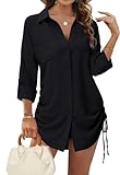 Tanmolo Bluse Damen Longbluse V-Ausschnitt Hemdbluse Langarm Tunika mit Kordelzug Lässiges Langarmshirt zum Knöpfen Casual Aufrollen Tops Schwarz XL