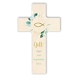 Fritz Cox Holzkreuz Fisch | Gott segne und beschütze Dich | christliches Geschenk für Kinder natur,15cm
