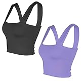 Damen-Tanktop, ärmellos, bauchfrei, quadratischer Ausschnitt, doppellagig, Fitness, lässig, 2 Stück, Schwarz-Hellviolett, 32