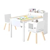 VEVOR Kindertisch mit 2 Stühlen & 3-stöckigem Aufbewahrungsschrank, Maltisch Set zum Lesen Lernen Zeichnen Schreiben, Kindersitzgruppe Kindertagesstätte, Basteltisch Spieltisch Schreibtisch, Weiß