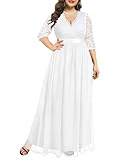 Pinup Fashion Brautkleider für Braut, Übergröße, formelles Abendkleid, Wickelkragen, Spitze, Chiffon, langes Kleid, Weiß-Wrap, 44 Mehr