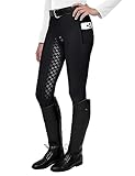 FitsT4 Sports Damen Reitleggings Silikon Vollbesatz Reithose mit Handytasche und Gürtelschlaufen,Schwarz,Gr.L