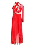 Mufeng Mädchen Eiskunstlauf Kleid EIN-Schulter Langarm Kürkleid Rollkunstlauf Kleid Glitzer Ballettkleid Eislaufen Lyrisch Tanzkleid Rot 146-152