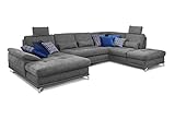 Cavadore Wohnlandschaft Castiel mit Federkern / Großes Schlafsofa in U-Form mit Bett, Sitztiefenverstellung und Kopfstützen / 368 x 114 x 232 / Webstoff, Grau