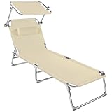 tectake® Sonnenliege mit Dach, Strandliege klappbar, leichte Gartenliege, Outdoor Liegestuhl mit Verstellbarer Rückenlehne, inkl. Kopfkissen - ideal für Balkon, Terrasse, Camping, Strand - beige