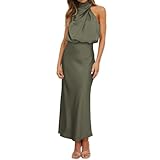 Odizli Abendkleider Elegant für Hochzeit Damen Ärmellos Neckholder Satin Lang Ballkleider Hochzeitsgäste Festlich Hochzeitskleid Cocktailkleid Partykleid Abschlusskleid Sommerkleid Olivgrün M