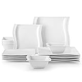 MALACASA, Serie FLORA, 18-teilig Weiß Porzellan Tafelservice Kombiservice Geschirrset, je 6 Speiseteller, Dessertteller, Müslischalen für 6 Personen